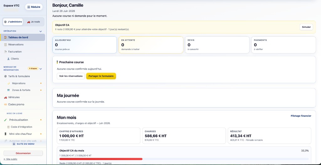 Back-office VTChapp : tableau de bord chauffeur VTC, réservations, facturation et CRM
