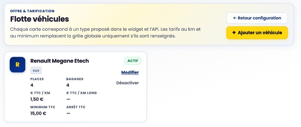 Flotte véhicules VTChapp : tarification berline, van et premium